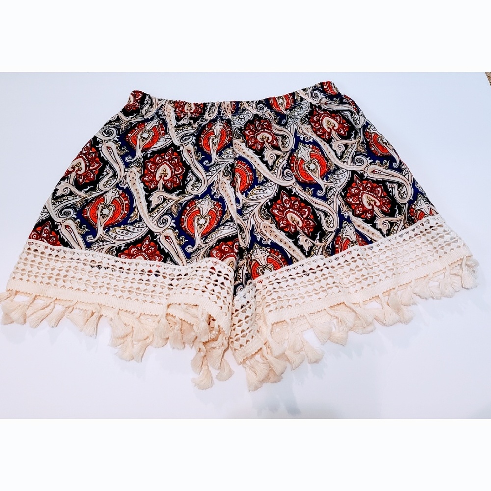 Blue White Paisley Crochet Trim Tassel Shorts S
